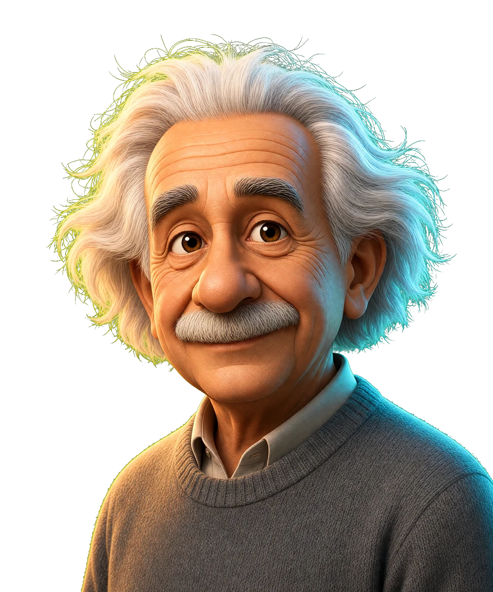 Illustrated portrait for the Albert Einstein seat. AI simulation, not a photo.