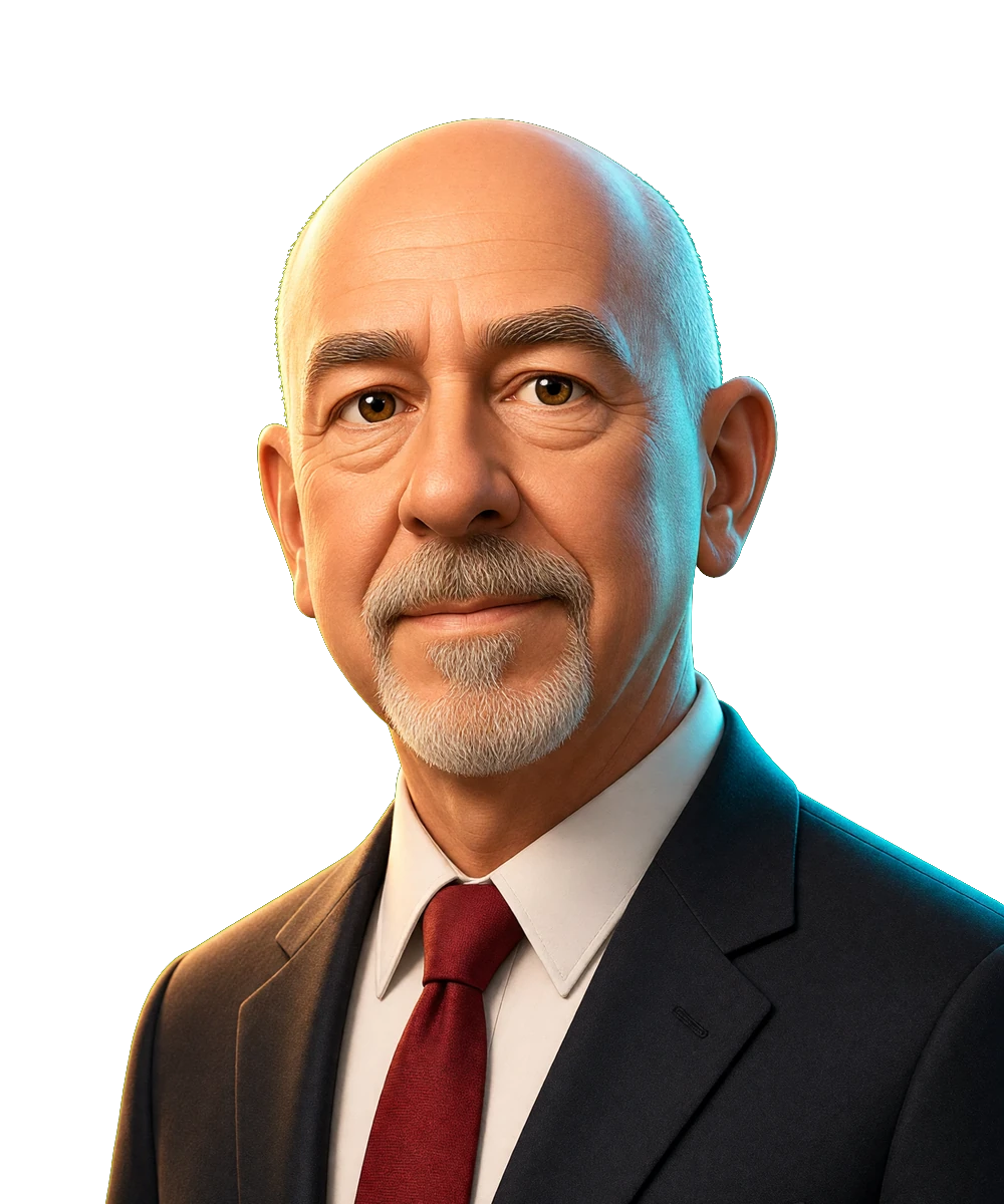 Illustrated portrait for the Chris Voss seat. AI simulation, not a photo.