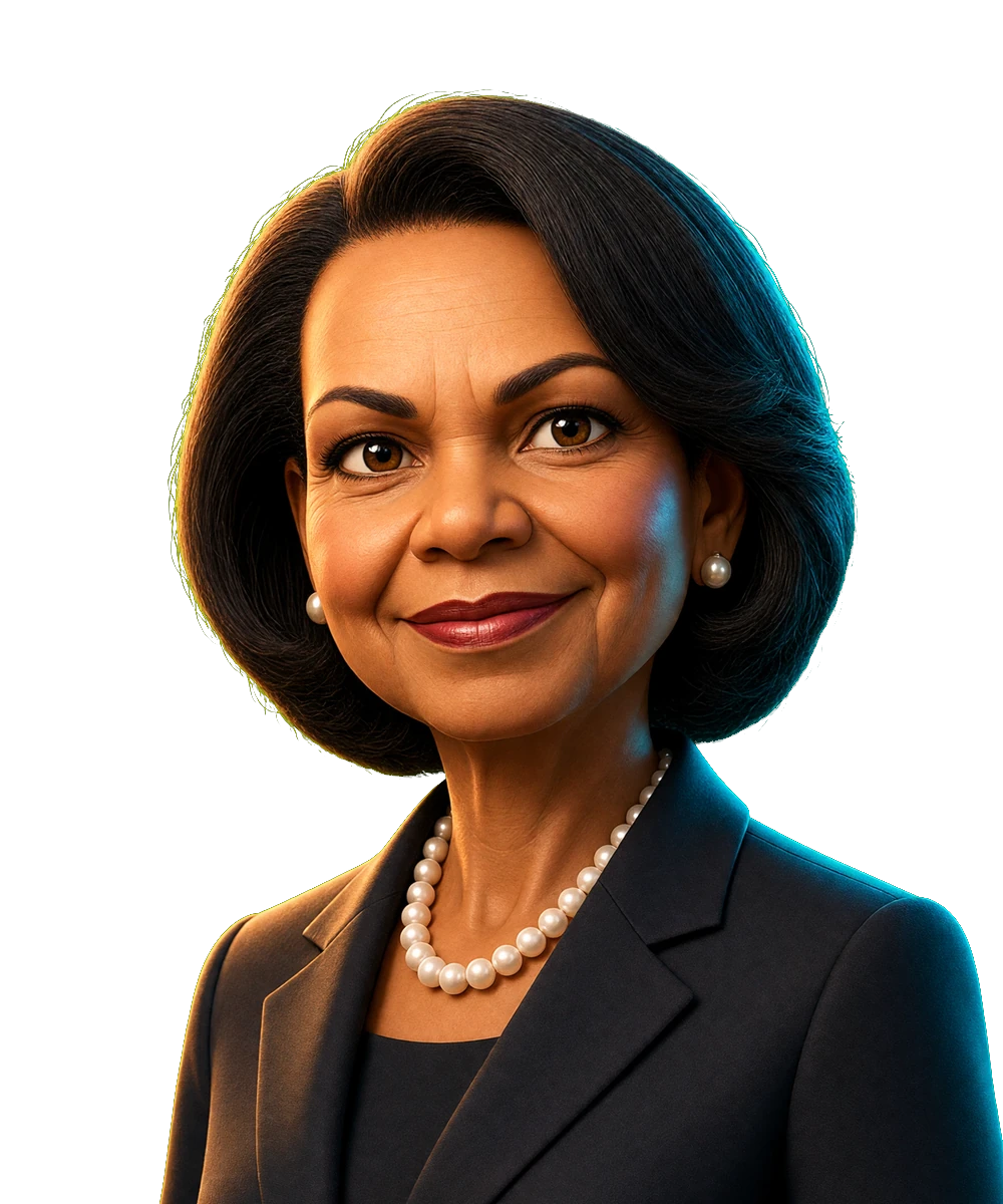 Illustrated portrait for the Condoleezza Rice seat. AI simulation, not a photo.