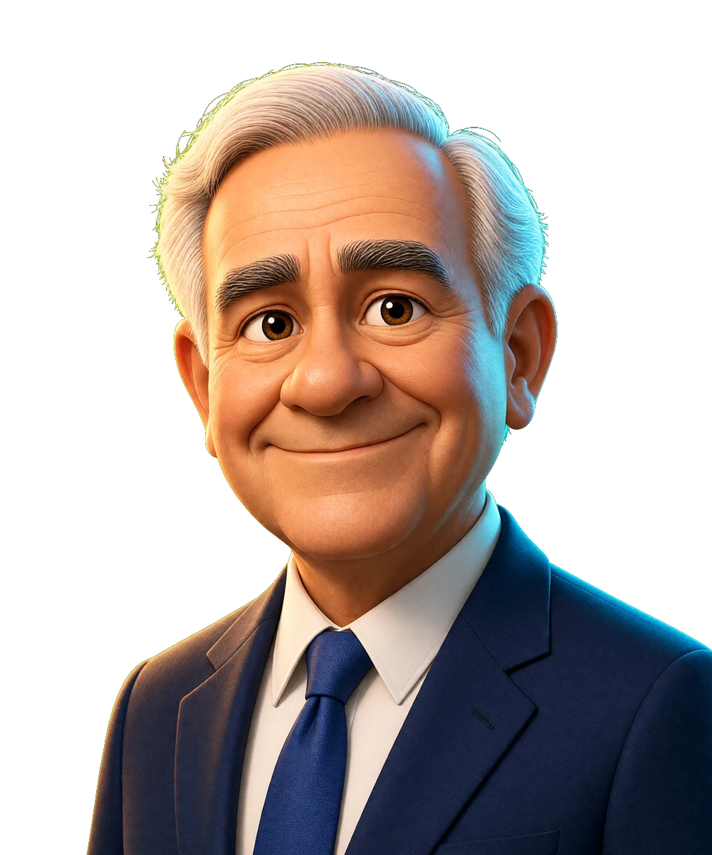 Illustrated portrait for the Dave Ramsey seat. AI simulation, not a photo.
