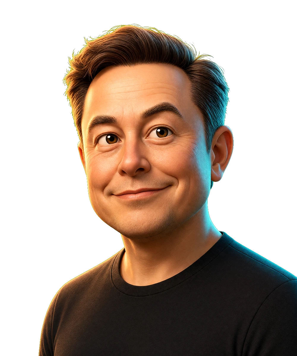 Illustrated portrait for the Elon Musk seat. AI simulation, not a photo.