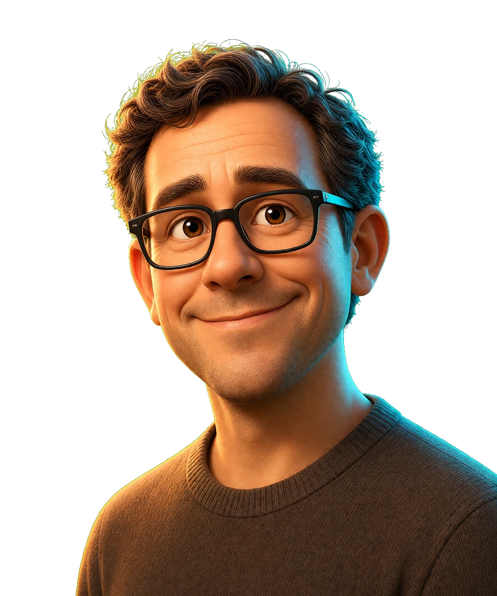 Illustrated portrait for the Jason Fried seat. AI simulation, not a photo.