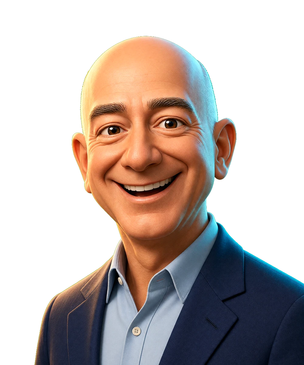 Illustrated portrait for the Jeff Bezos seat. AI simulation, not a photo.