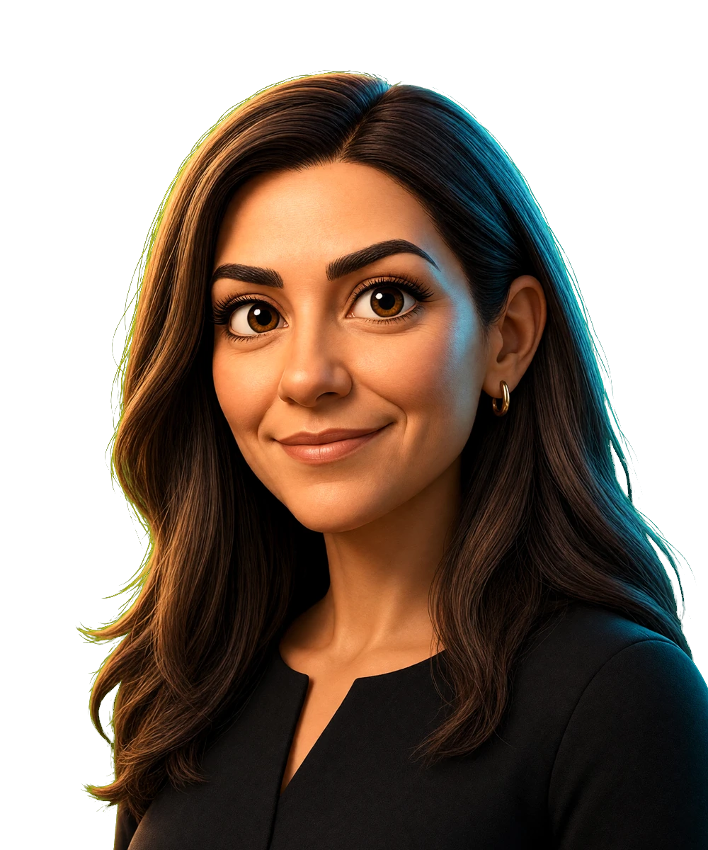 Illustrated portrait for the Leila Hormozi seat. AI simulation, not a photo.