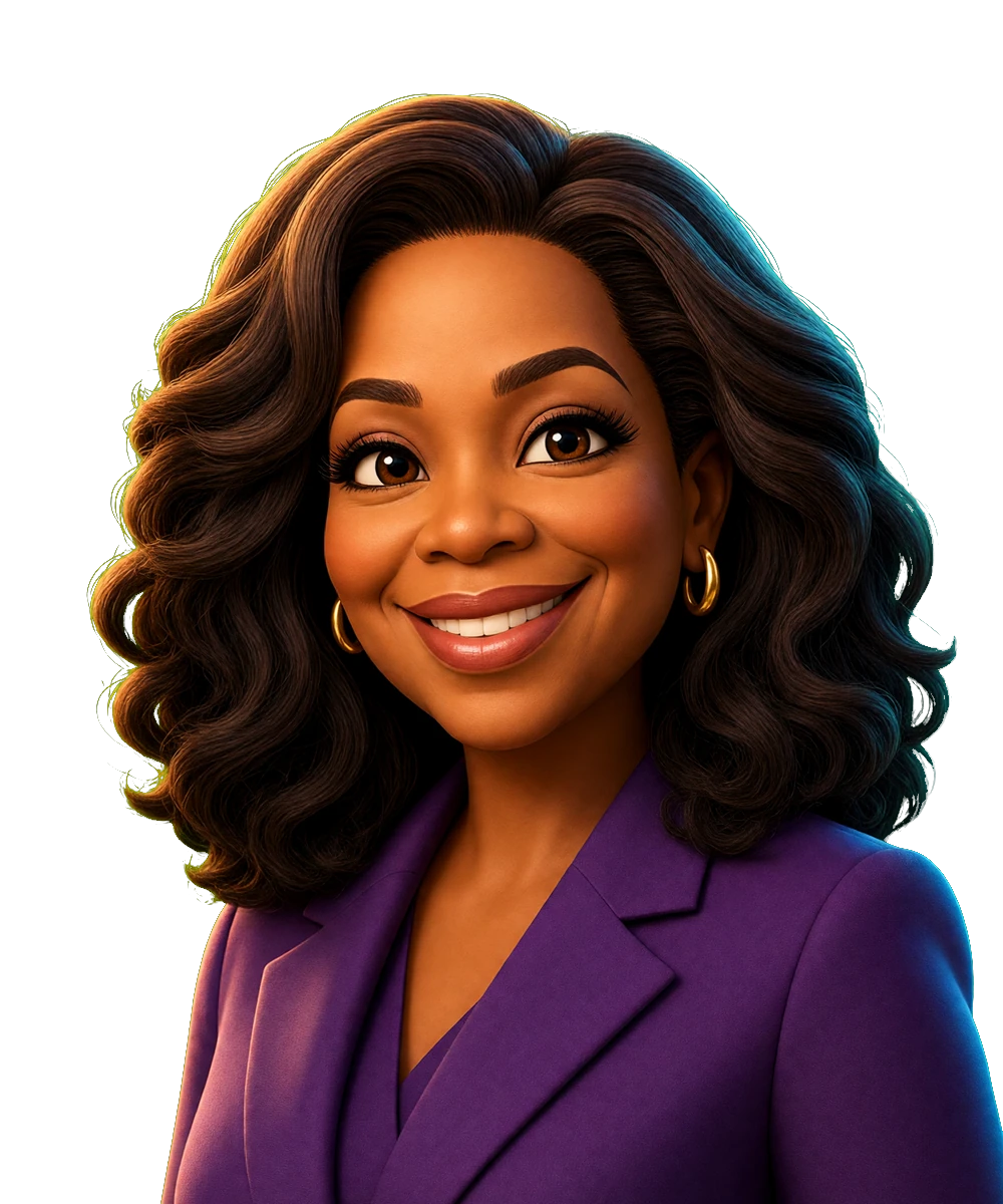 Illustrated portrait for the Oprah Winfrey seat. AI simulation, not a photo.
