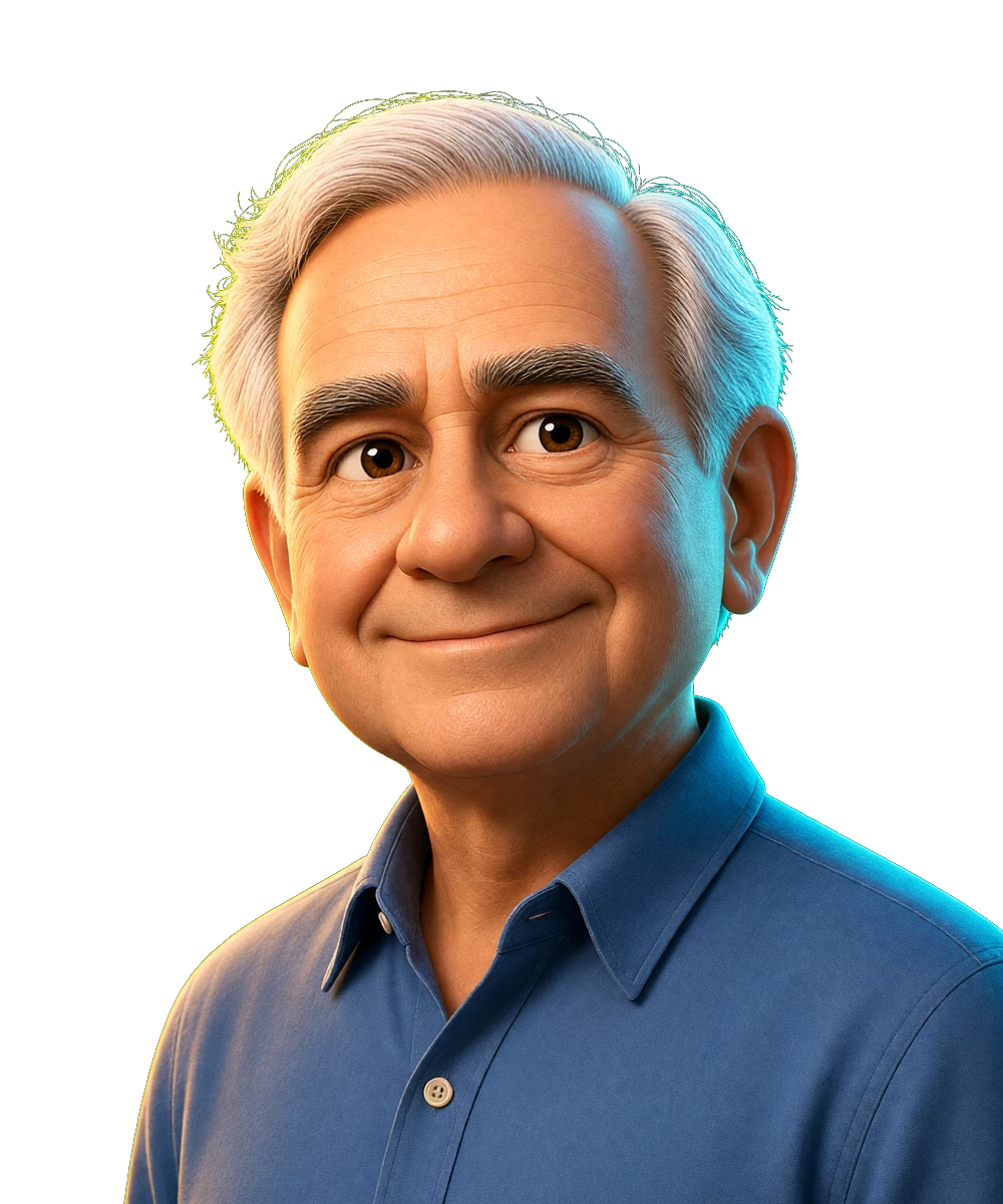 Illustrated portrait for the Paul Graham seat. AI simulation, not a photo.