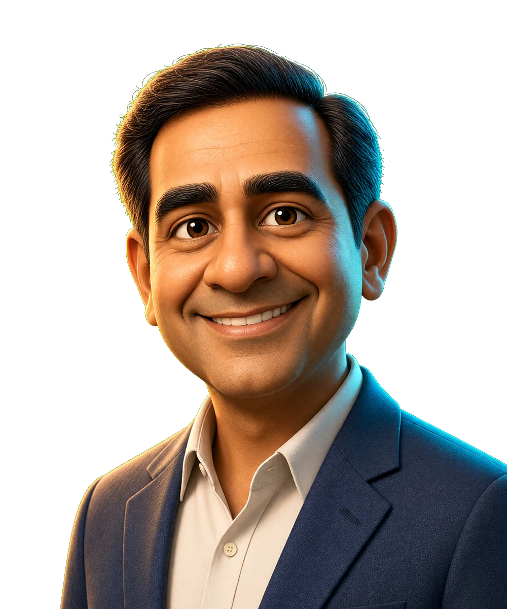Illustrated portrait for the Ramit Sethi seat. AI simulation, not a photo.