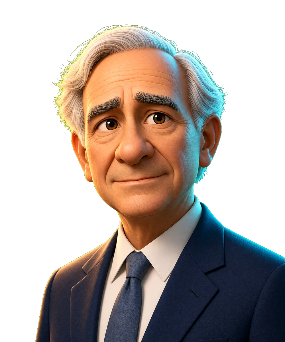 Illustrated portrait for the Ray Dalio seat. AI simulation, not a photo.