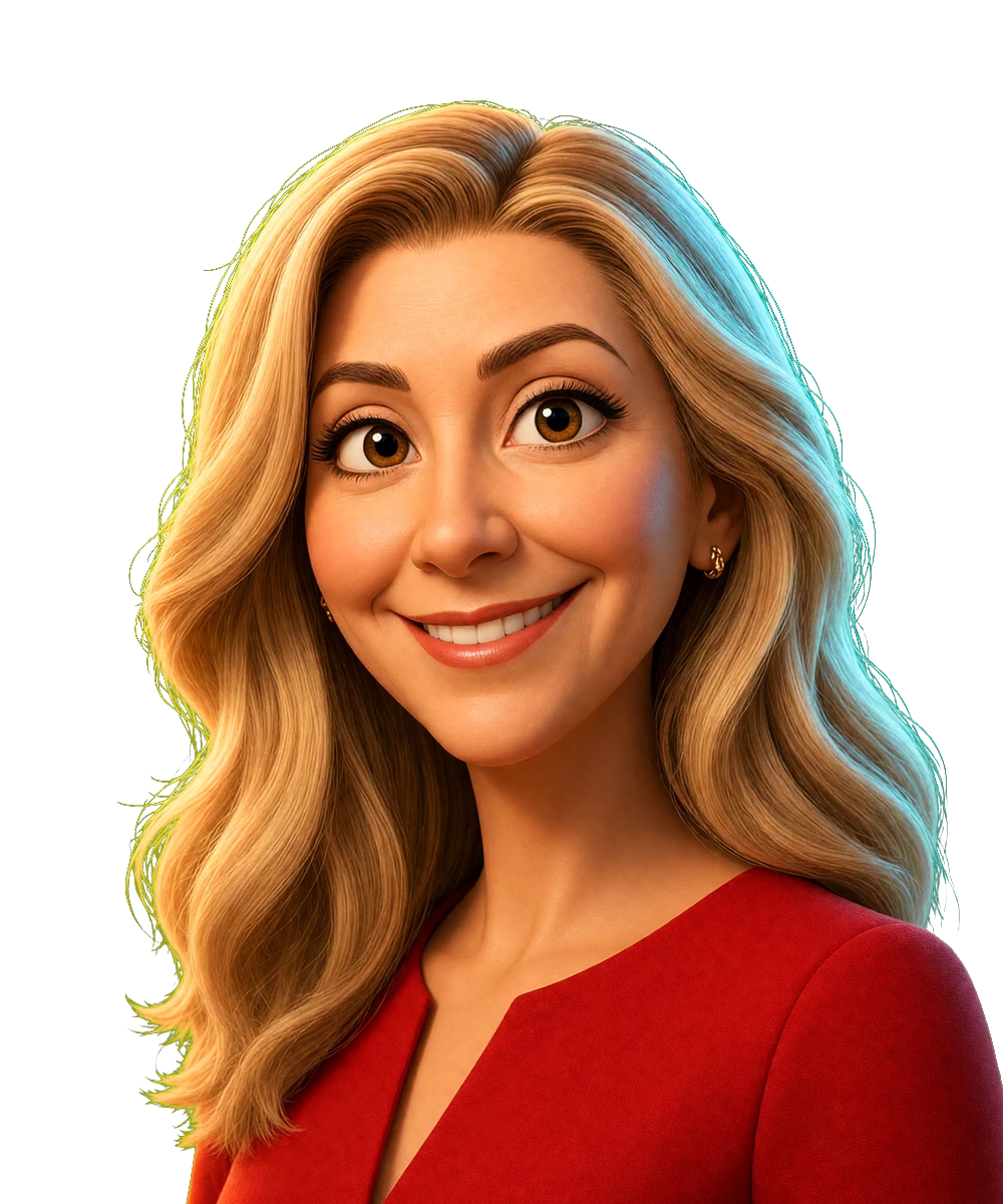 Illustrated portrait for the Sara Blakely seat. AI simulation, not a photo.
